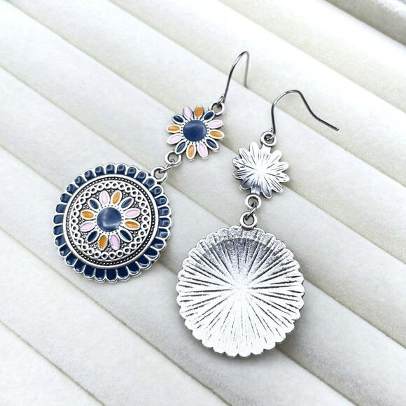 Silver with Blue Pink and Orange Enamel Dangling Boho Flower Drop Hook Earrings - Picture 7 of 9